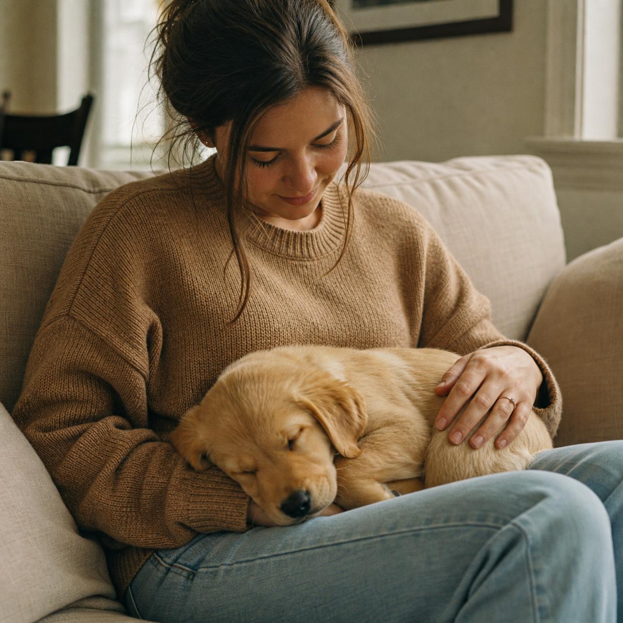 A calm puppy asleep on its owner's lap on a sofa