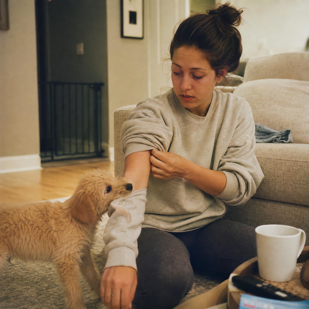 An exhausted puppy owner sitting on the floor while the puppy tugs her sleeve